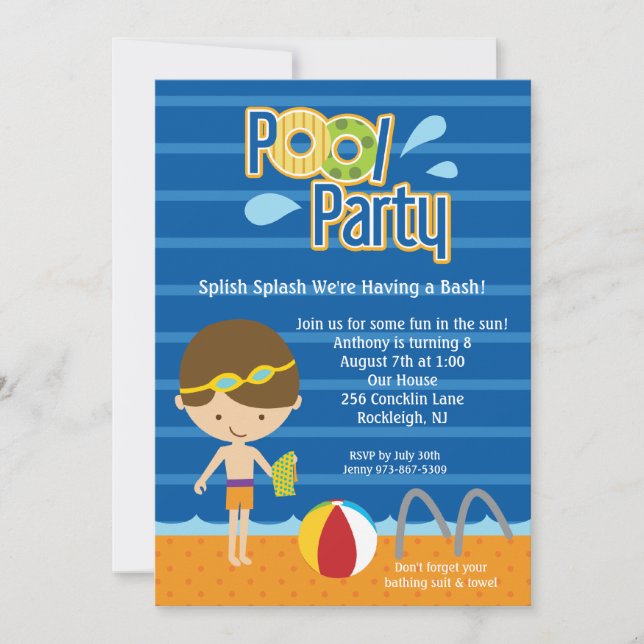 Invitation Bleu Splish Splash Boys Pool Party Anniversaire In (Devant)