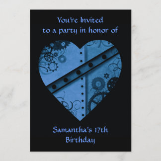 Invitation Bleu steampunk coeur anniversaire