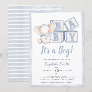 Invitation Bleu Stripes Boy Elephant Baby shower cacahuète