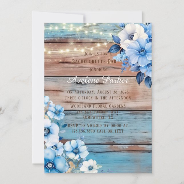 Invitation Bleu Tan Bois Lumières Florales Bachelorette Party (Devant)