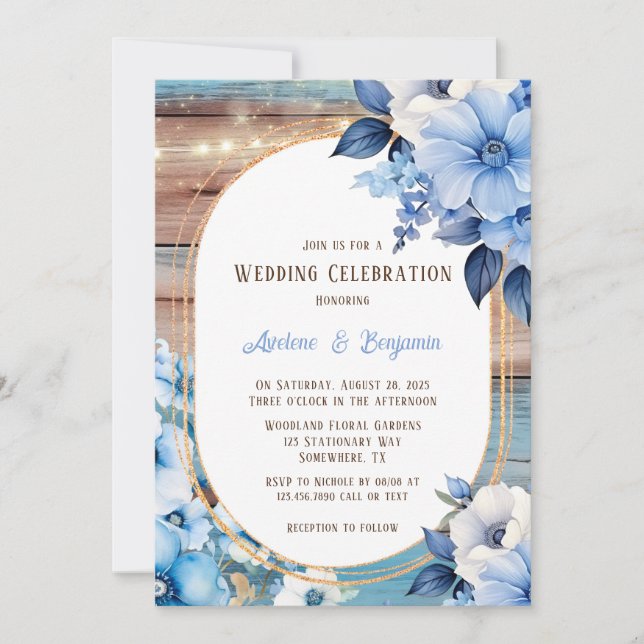 Invitation Bleu Tan Bois Lumières Florales Mariage Fête (Devant)