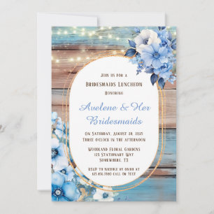 Invitation Bleu Tan Bois Lumières Florals Bridesmaiers Déjeun