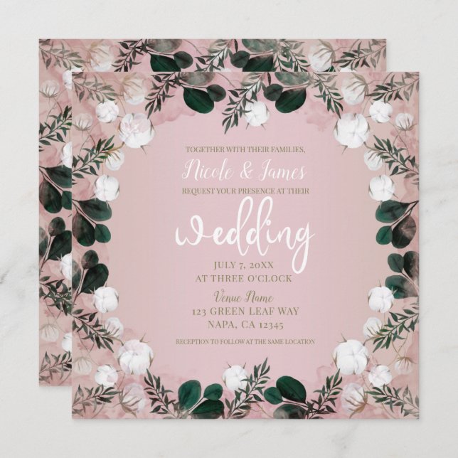 Invitation Bleu Taupe Coton Floral Verdure Mariage rustique (Devant / Derrière)