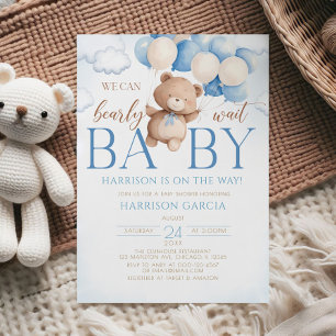 Invitation Bleu Teddy Bear Balloon Bearly Wait Baby shower