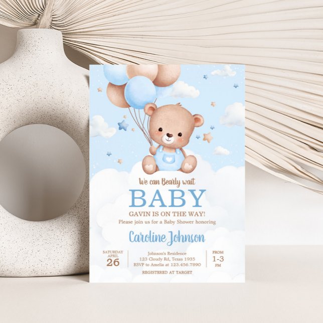 Invitation Bleu Teddy Bear Nuages Baby shower à ballon (Blue Boy Teddy Bear Clouds Balloon Baby Shower Invitation)