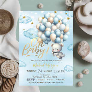 Invitation Bleu Teddy Ours Nuages Étoiles Baby shower à ballo