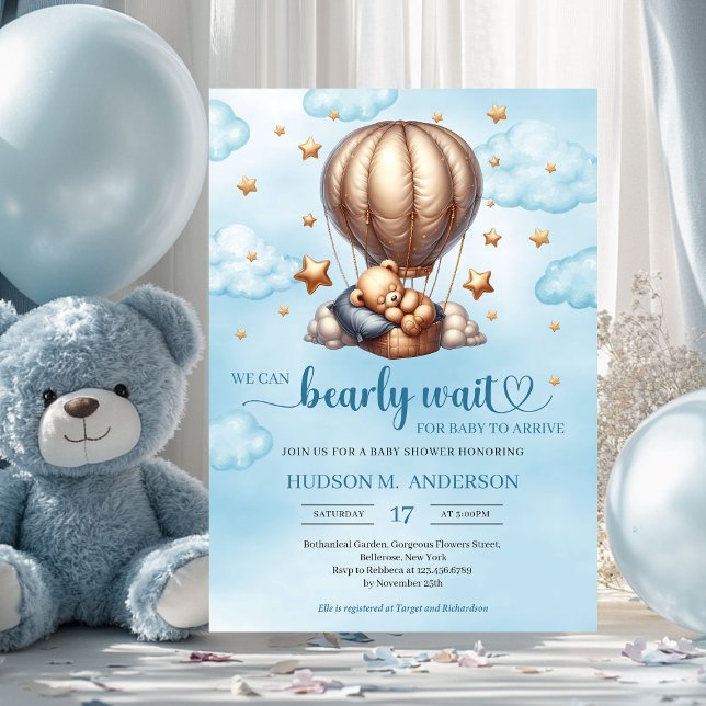 Invitation Bleu tendance et or bearly attendent Boy Baby show ( we can bearly wait blue and gold boy baby shower invitation)