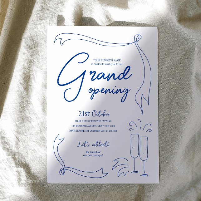 Invitation Bleu tendance main-tiré Logo d'affaires Grand ouve (Embrace the whimsical rustic style with this hand drawn company grand opening invitation)