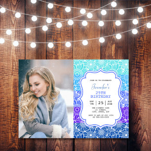Invitation Bleu tendance rayures Floral Frame Photo Anniversa