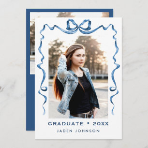 Invitation Bleu tendance Ruban 2 PHOTO Graduation Party
