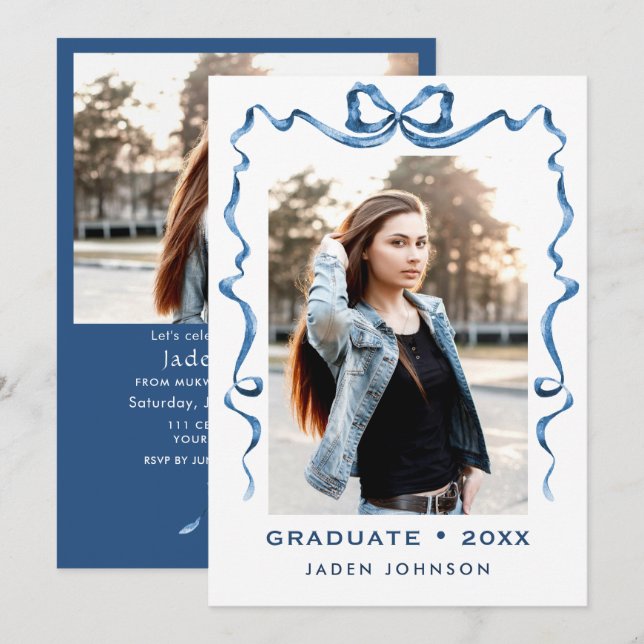 Invitation Bleu tendance Ruban 2 PHOTO Graduation Party (Devant / Derrière)