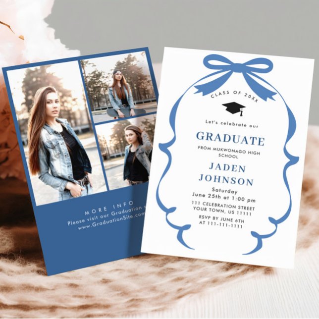 Invitation Bleu tendance Ruban Bow 3 PHOTO Graduation Party (Créateur téléchargé)