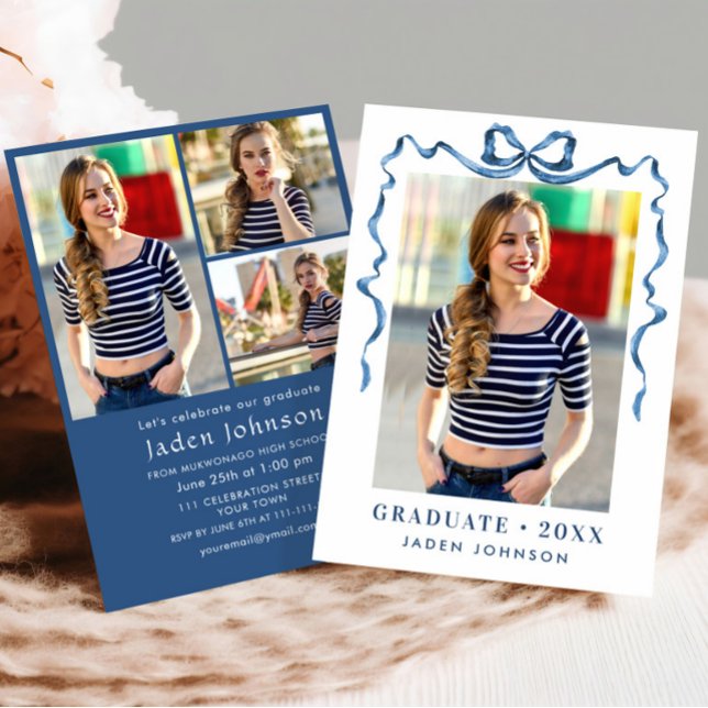 Invitation Bleu tendance Ruban Bow 4 PHOTO Graduation Party (Créateur téléchargé)