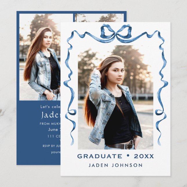 Invitation Bleu tendance Ruban Bow 4 PHOTO Graduation Party (Devant / Derrière)