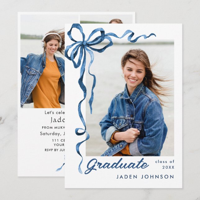 Invitation Bleu tendance Ruban Bow 4 PHOTO Graduation Party (Devant / Derrière)