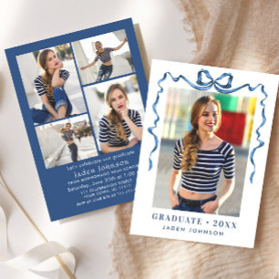 Invitation Bleu tendance Ruban de Bow 5 PHOTO Graduation Part