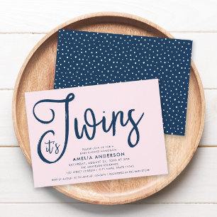 Invitation Bleu tendance Script C'est Twins Girl Baby shower