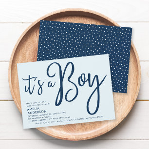 Invitation Bleu tendance Script C'est un Baby shower garçon