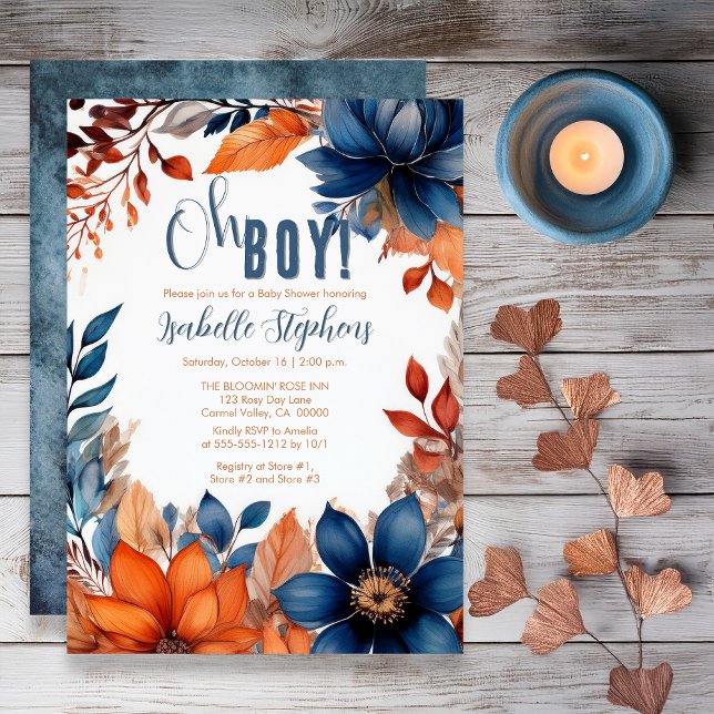 Invitation Bleu | Terracotta Oh Boy Fall Baby shower Floral (Boho Blue and Terracotta Fall |  Autumn Floral "Oh Boy!" Baby Shower Invitation - Print | Digital)