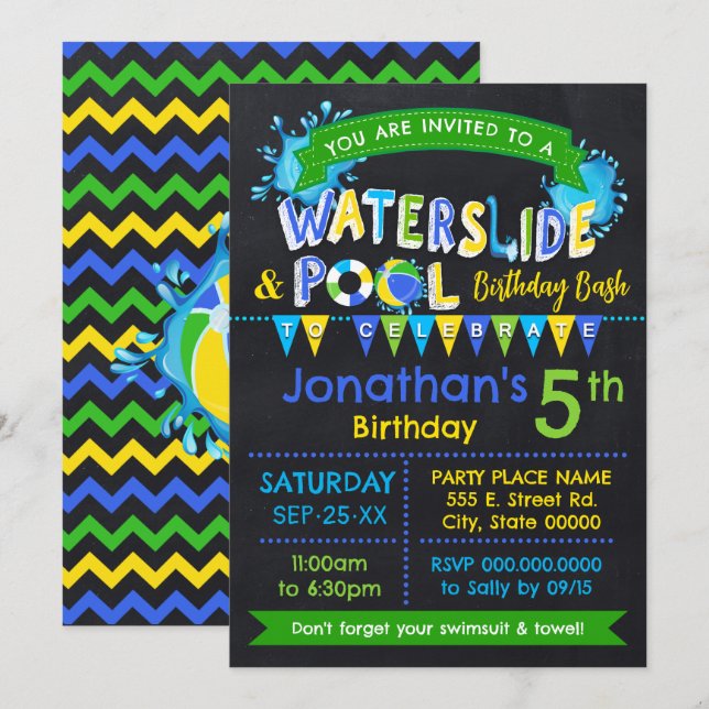 Invitation Bleu toboggan et piscine Anniversaire (Devant / Derrière)