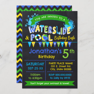 Invitation Bleu toboggan et piscine Anniversaire