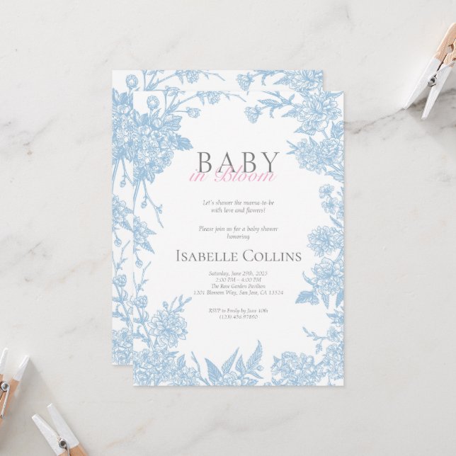 Invitation Bleu Toile de Jouy Baby dans Bloom Baby shower Inv (Devant/Arrière en situation)