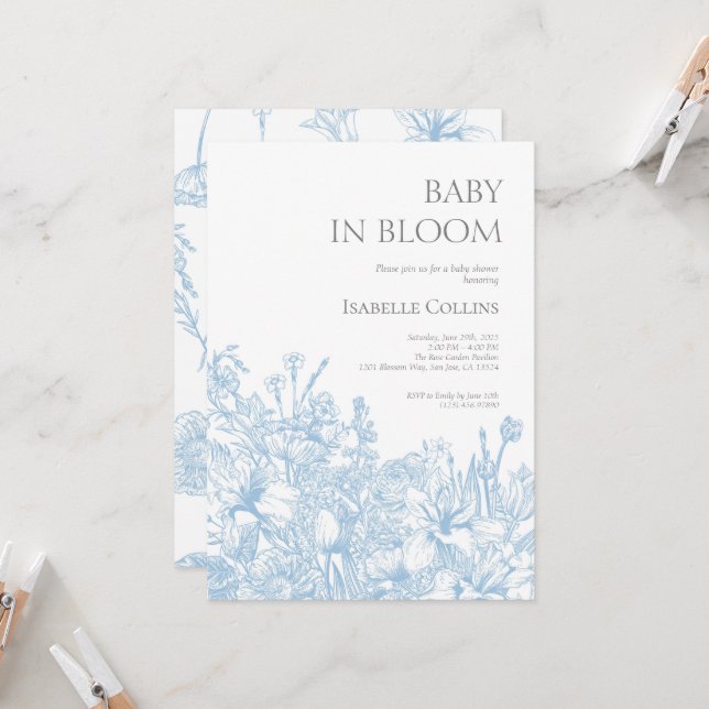 Invitation Bleu Toile de Jouy Baby dans le Baby shower en fle (Devant/Arrière en situation)