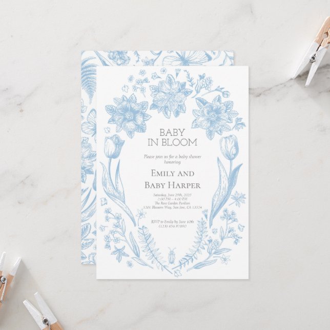 Invitation Bleu Toile de Jouy Baby en Baby shower de fleurs 3 (Devant/Arrière en situation)