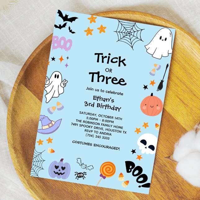 Invitation Bleu Trick ou traiter Halloween 3e anniversaire (Blue Trick or Treat Boy Halloween 3rd Birthday Invitation )