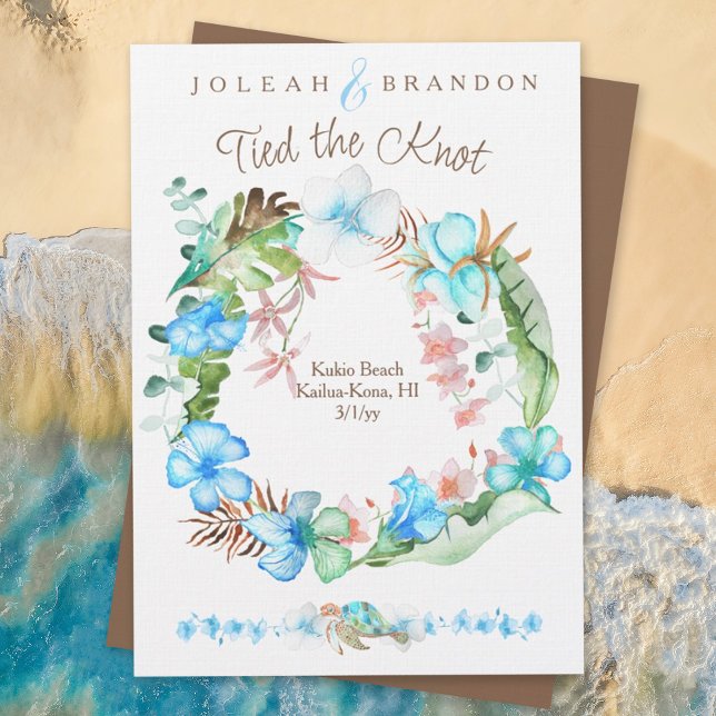 Invitation Bleu Tropical Brown Vert Hibiscus Elopement (elopement, beach wedding, blue tropical wedding, floral hibiscus flowers, we tied the knot)