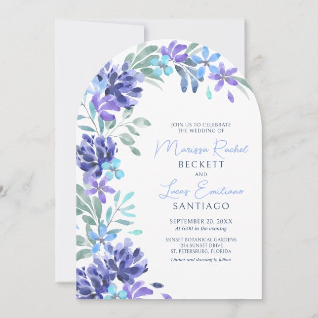 Invitation Bleu Tropical Floral Arch Mariage (Devant)