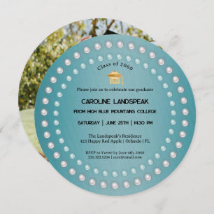 Invitation Bleu turquoise Brossé Métal & Perles Graduation