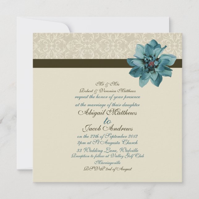 Invitation bleu turquoise brun chocolat de mariage (Devant)