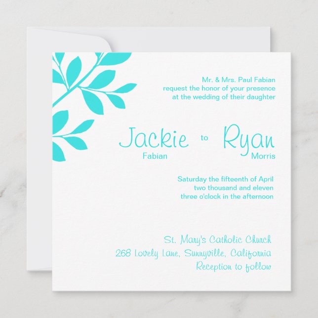 Invitation Bleu Turquoise de la branche de feuilles de Faire- (Devant)