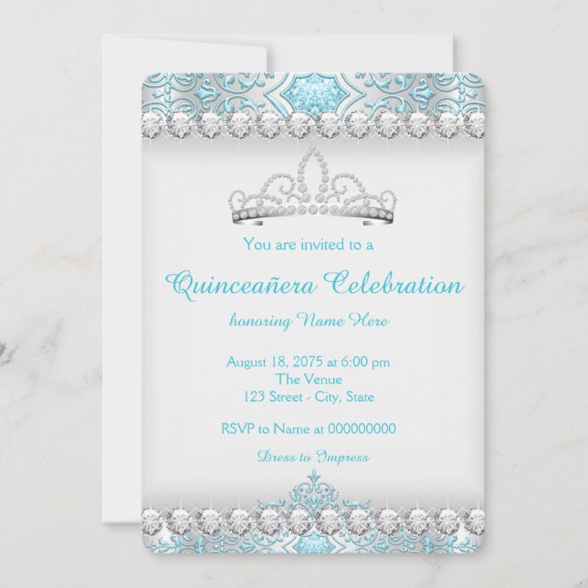Invitation Bleu turquoise et diamant argenté Princesse Quince (Devant)