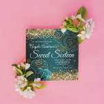 Invitation Bleu Turquoise Floral Parties scintillant or Sweet<br><div class="desc">Une élégante invitation à célébrer Sweet 16 anniversaire pour elle. Parties scintillant scintillante et étincelante aqua turquoise glam rose contre une image graphique sombre turquoise et bleu océan. Doré glamour floral glam 16ème anniversaire invitations de fête pour votre fille. Tous les éléments de parties scintillant de ce dégradé moderne sont...</div>