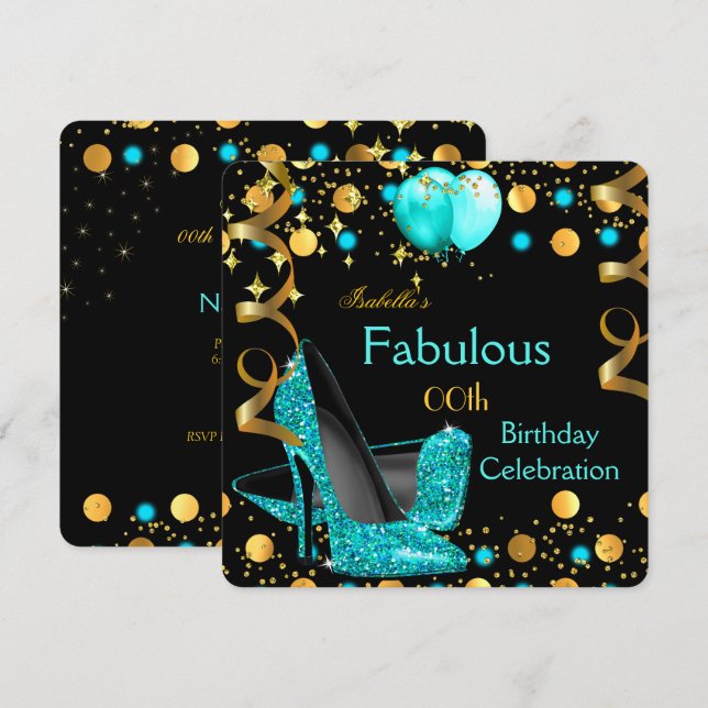 Invitation Bleu turquoise hauts talons or Ballons Anniversair (Devant / Derrière)