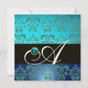 INVITATION BLEU TURQUOISE NOIR CHAMPAGNE DAMAS MONOGRAMME