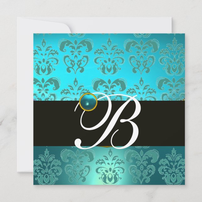 Invitation BLEU TURQUOISE NOIR DAMAS MONOGRAMME , aigue-marin (Devant)