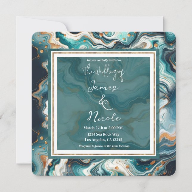 Invitation Bleu Turquoise Or Blanc Moderne Mariage en Marbre  (Devant)