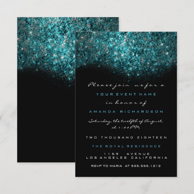 Invitation Bleu Turquoise Parties scintillant brillante noir  (Devant / Derrière)
