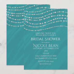 Invitation Bleu Turquoise & Perles Fête des mariées élégante