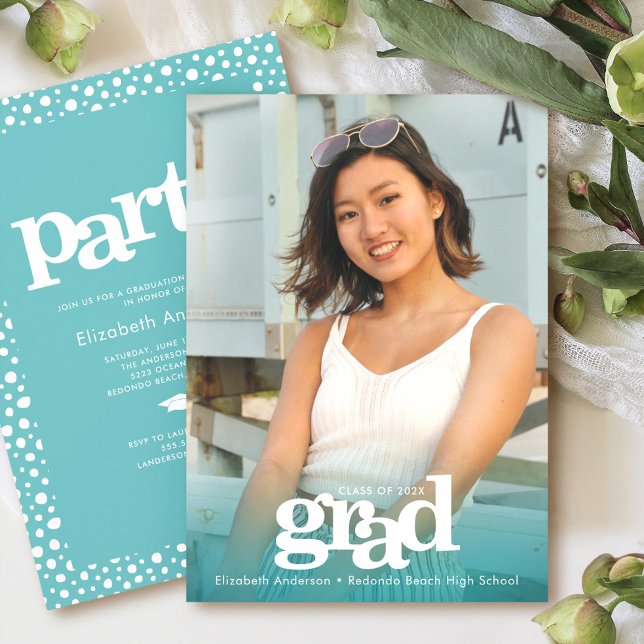 Invitation bleu turquoise photo audacieuse moderne simple fêt (Créateur téléchargé)