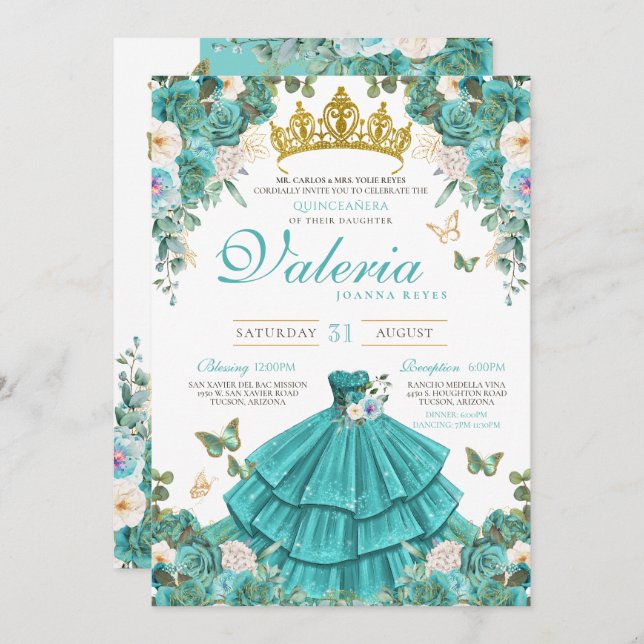 Invitation Bleu Turquoise Rose papillon Princesse Quinceanera (Devant / Derrière)