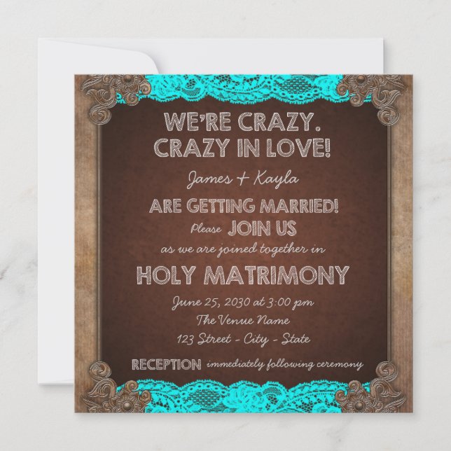 Invitation Bleu Turquoise rustique et Mariage Brown (Devant)