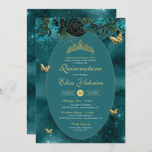 Invitation Bleu turquoise Vert Or Papillon de luxe Quinceaner (Devant / Derrière)