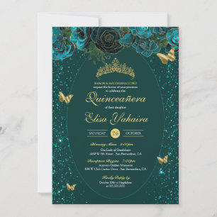 Invitation Bleu turquoise Vert Or Papillon de luxe Quinceaner