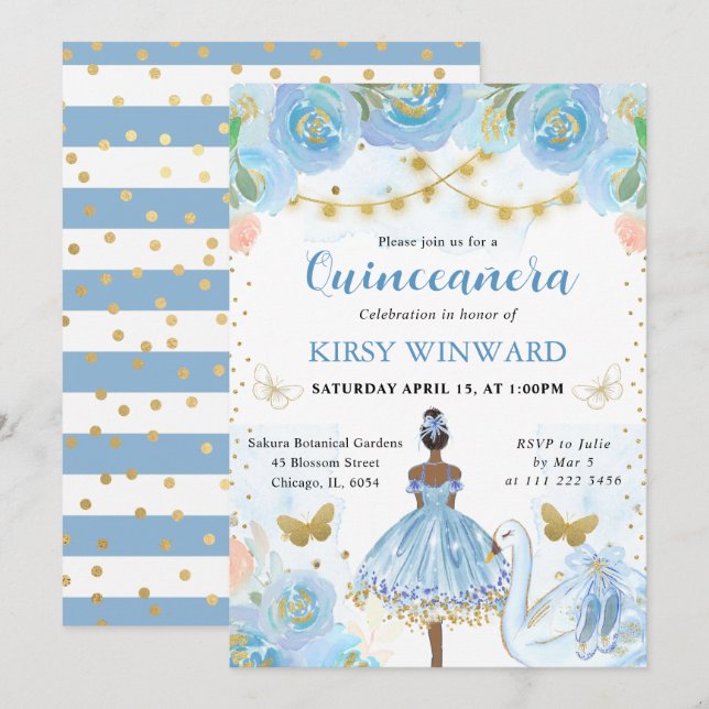 Invitation Bleu Tutu Peau foncée Ballerina Quinceanera (Devant / Derrière)