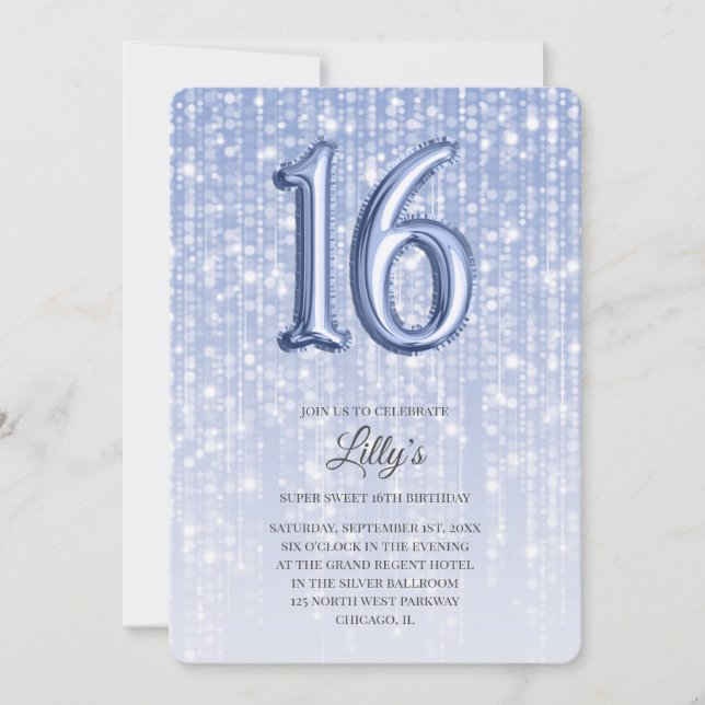 Invitation Bleu Twinkle Lights Foil Balloon 16e anniversaire (Devant)