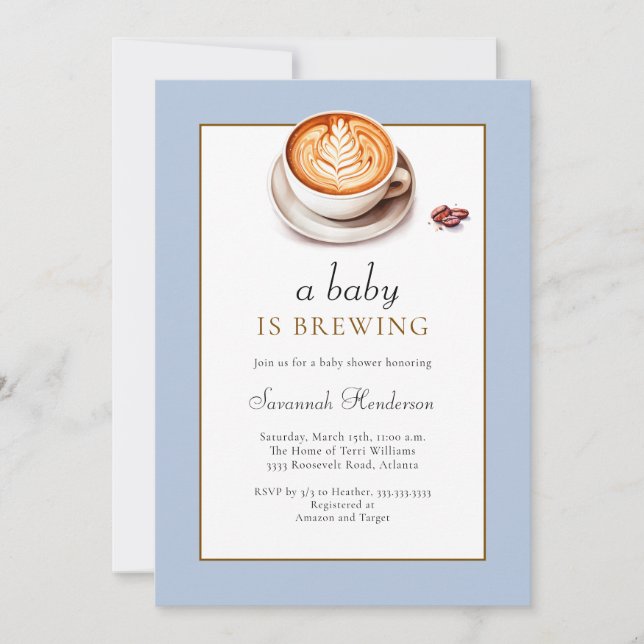 Invitation Bleu Un Bébé Brûle Baby shower de la coupe de café (Devant)